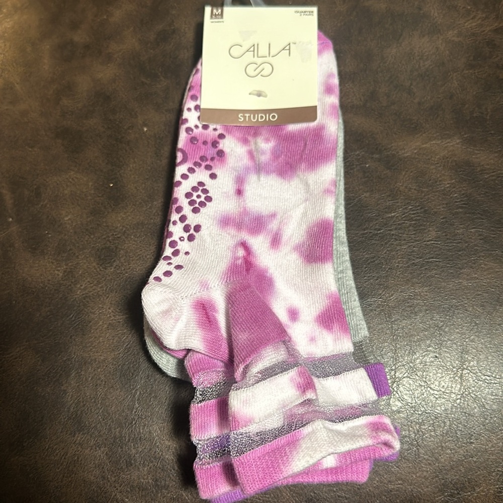 CALIA Studio Gripper Quarter Socks 2 Pack:PURPLE/GRAY: NEW WITH TAGS:SIZE MEDIUM